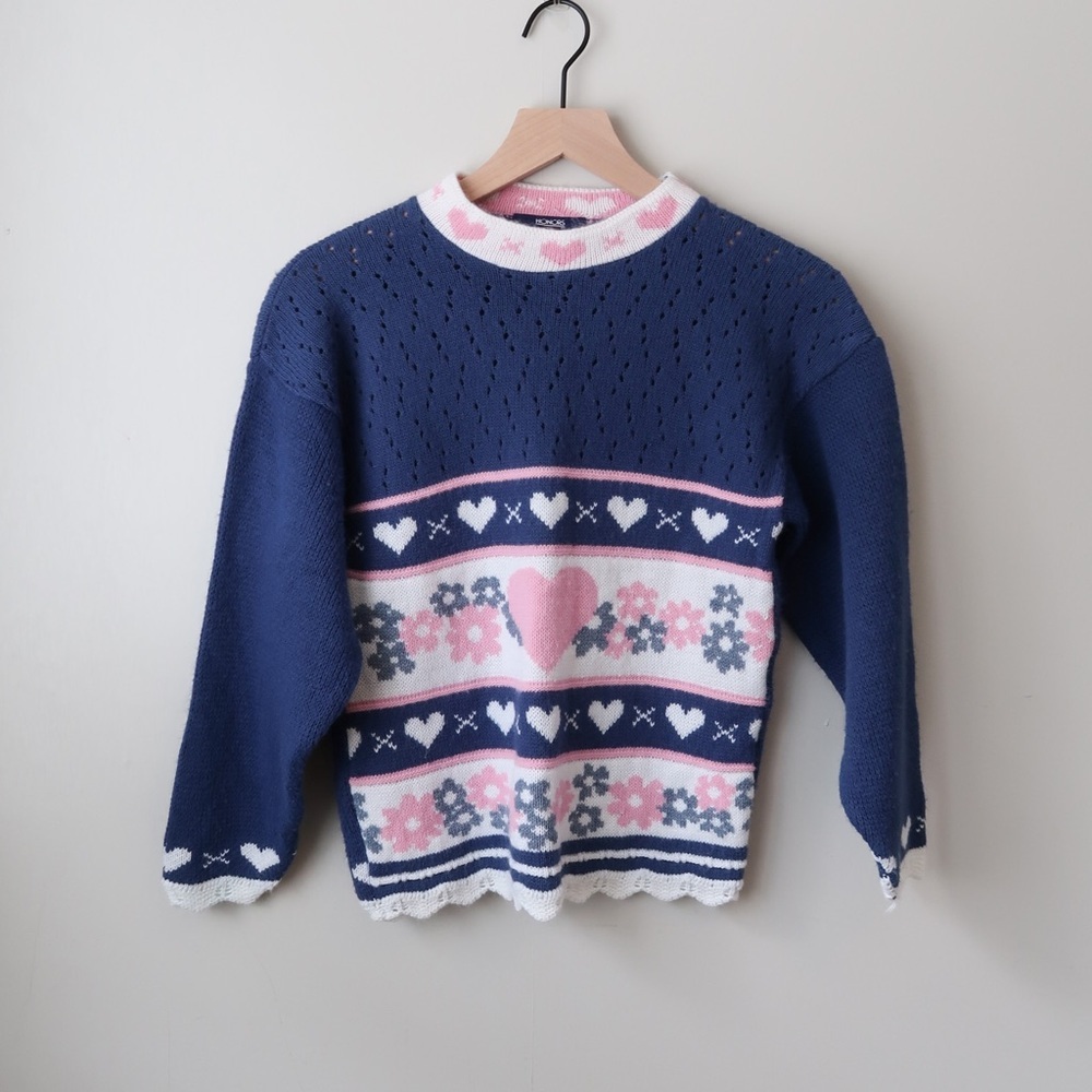 Vintage 90s Y2K Honors Heart Print Knit Navy Blue Sweater 10-12